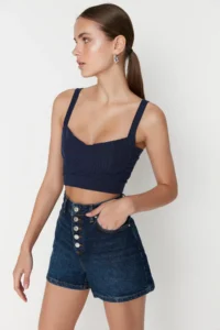 TRENDYOLMiLLA Dark Blue Front buttoned High Waist Mini denim Shorts - Image 2