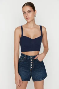 TRENDYOLMiLLA Dark Blue Front buttoned High Waist Mini denim Shorts - Image 3