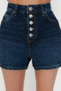 TRENDYOLMiLLA Dark Blue Front buttoned High Waist Mini denim Shorts - Image 4