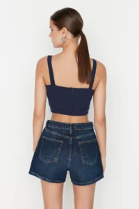 TRENDYOLMiLLA Dark Blue Front buttoned High Waist Mini denim Shorts - Image 5