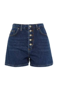 TRENDYOLMiLLA Dark Blue Front buttoned High Waist Mini denim Shorts - Image 6