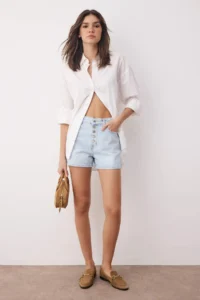TRENDYOLMiLLA Ice Blue Front buttoned High Waist Mini denim Shorts
