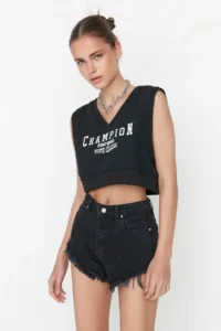 TRENDYOLMiLLA Black Ripped High Waist Mini denim Shorts - Image 3