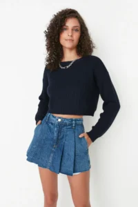 TRENDYOLMiLLA Mavi pleated Regular Waist Mini denim Shorts Skirt