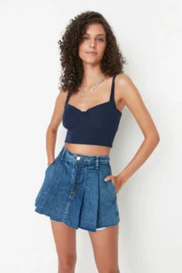 TRENDYOLMiLLA Mavi pleated Regular Waist Mini denim Shorts Skirt - Image 2