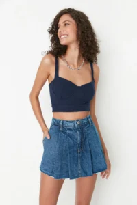 TRENDYOLMiLLA Mavi pleated Regular Waist Mini denim Shorts Skirt - Image 3