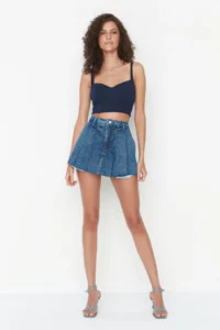 TRENDYOLMiLLA Mavi pleated Regular Waist Mini denim Shorts Skirt - Image 4