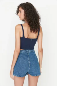 TRENDYOLMiLLA Mavi pleated Regular Waist Mini denim Shorts Skirt - Image 6