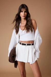 TRENDYOLMiLLA White pleated Regular Waist Mini denim Shorts Skirt - Image 2