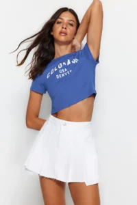 TRENDYOLMiLLA White pleated Regular Waist Mini denim Shorts Skirt - Image 7