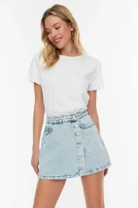 TRENDYOLMiLLA Mavi Button Detailed Double breasted High Waist denim Shorts Skirt - Image 2