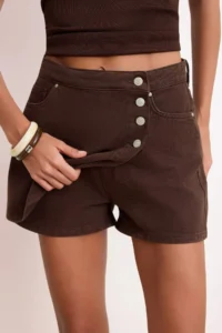 TRENDYOLMiLLA Brown Button Detailed High Waist Denim Shorts Skirt - Image 3