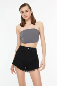 TRENDYOLMiLLA Black Leg Tassel Detailed High Waist Mini Denim Shorts - Image 2