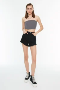 TRENDYOLMiLLA Black Leg Tassel Detailed High Waist Mini Denim Shorts - Image 3