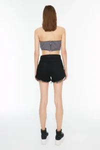 TRENDYOLMiLLA Black Leg Tassel Detailed High Waist Mini Denim Shorts - Image 5