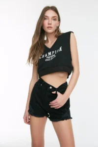 TRENDYOLMiLLA Black Ripped High Waist Mini denim Shorts
