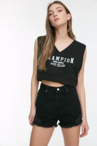 TRENDYOLMiLLA Black Ripped High Waist Mini denim Shorts - Image 2