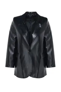 TRENDYOLMİLLA Black Weaving Oversized Faux Leather Blazer Jacket - Image 6
