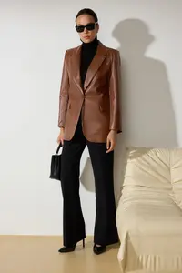 TRENDYOLMİLLA Brown Oversized Faux Leather Weaving Blazer Jacket
