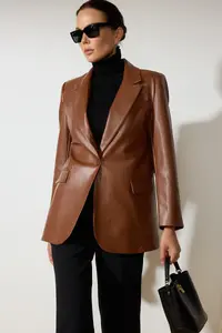 TRENDYOLMİLLA Brown Oversized Faux Leather Weaving Blazer Jacket - Image 2