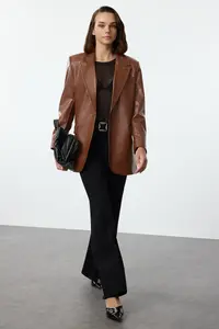 TRENDYOLMİLLA Brown Oversized Faux Leather Weaving Blazer Jacket - Image 3