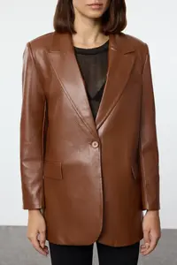 TRENDYOLMİLLA Brown Oversized Faux Leather Weaving Blazer Jacket - Image 5