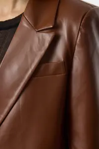 TRENDYOLMİLLA Brown Oversized Faux Leather Weaving Blazer Jacket - Image 6