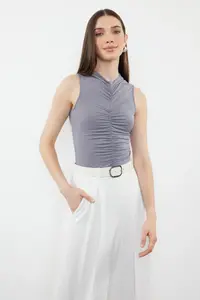 TRENDYOLMİLLA Light Anthracite Gather Detailed Flexible snaps Knitting Bodysuit .D.00006 - Image 2