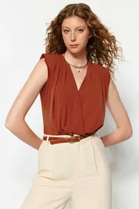 TRENDYOLMİLLA Cinnamon padded Double breasted Yaka Flexible snaps Knitting Bodysuit .D.00007