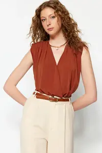 TRENDYOLMİLLA Cinnamon padded Double breasted Yaka Flexible snaps Knitting Bodysuit .D.00007 - Image 2