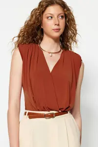 TRENDYOLMİLLA Cinnamon padded Double breasted Yaka Flexible snaps Knitting Bodysuit .D.00007 - Image 4