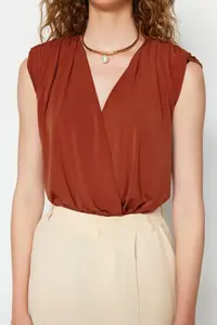 TRENDYOLMİLLA Cinnamon padded Double breasted Yaka Flexible snaps Knitting Bodysuit .D.00007 - Image 5