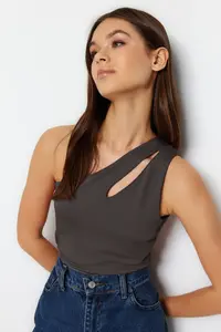 TRENDYOLMİLLA Anthracite Asymmetric Collar Cut Out Detailed Flexible snaps Knitting Bodysuit .D.00014 - Image 2