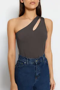 TRENDYOLMİLLA Anthracite Asymmetric Collar Cut Out Detailed Flexible snaps Knitting Bodysuit .D.00014 - Image 4