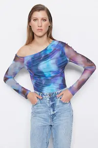 TRENDYOLMİLLA Mavi Patterned Tulle Sheer Back Fitted Flexible snaps Knitting Bodysuit .D.00024 - Image 2