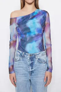 TRENDYOLMİLLA Mavi Patterned Tulle Sheer Back Fitted Flexible snaps Knitting Bodysuit .D.00024 - Image 3