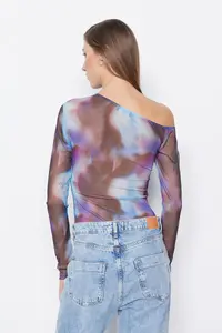 TRENDYOLMİLLA Mavi Patterned Tulle Sheer Back Fitted Flexible snaps Knitting Bodysuit .D.00024 - Image 6
