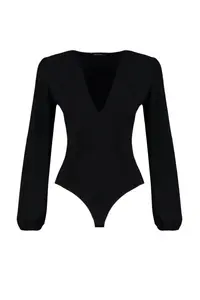 TRENDYOLMİLLA Black Balloon Sleeve V-neck Fitted Flexible snaps Knitting Bodysuit .D.00030 - Image 6