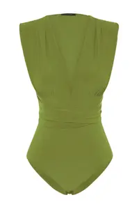 TRENDYOLMİLLA Green Binding Detailed V-neck Fitted Flexible snaps Knitting Bodysuit .D.00055 - Image 7
