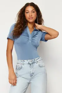 TRENDYOLMİLLA Mavi Shiny Surface and Soft textured Polo Shirt Collar snaps Knitting Bodysuit .D.00059 - Image 2