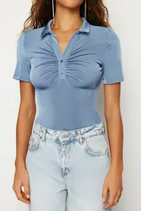 TRENDYOLMİLLA Mavi Shiny Surface and Soft textured Polo Shirt Collar snaps Knitting Bodysuit .D.00059 - Image 6
