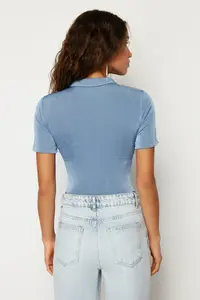 TRENDYOLMİLLA Mavi Shiny Surface and Soft textured Polo Shirt Collar snaps Knitting Bodysuit .D.00059 - Image 7