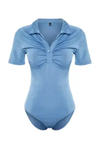 TRENDYOLMİLLA Mavi Shiny Surface and Soft textured Polo Shirt Collar snaps Knitting Bodysuit .D.00059 - Image 8