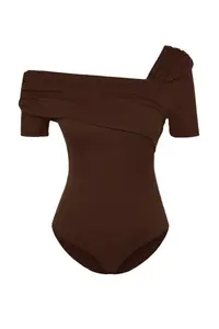 TRENDYOLMİLLA Brown Asymmetric Collar Fitted/Slinky snaps Knitting Bodysuit .D.00060 - Image 8