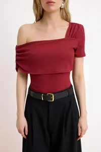 TRENDYOLMİLLA Burgundy Asymmetric Collar Fitted/Closing snaps Knitting Bodysuit .D.00060 - Image 3