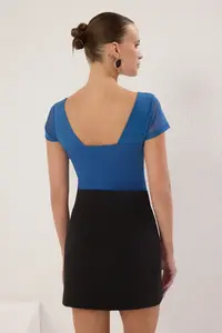 TRENDYOLMİLLA Indigo Fitted Tulle Detailed Crepe Flexible Knitting Bodysuit .D.00072 - Image 4