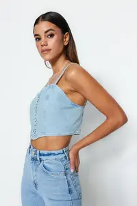 TRENDYOLMİLLA Mavi Eyelet Binding Detailed Heart Collar Fitted Crop denim Bustier - Image 2