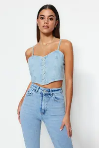 TRENDYOLMİLLA Mavi Eyelet Binding Detailed Heart Collar Fitted Crop denim Bustier - Image 3