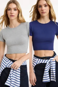 TRENDYOLMİLLA Navy Blue-Gray Melange 2 Sets Package Crop Viscous/Soft Material Flexible Knitting Blouse