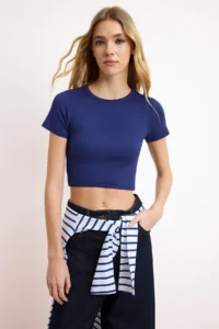 TRENDYOLMİLLA Navy Blue-Gray Melange 2 Sets Package Crop Viscous/Soft Material Flexible Knitting Blouse - Image 2
